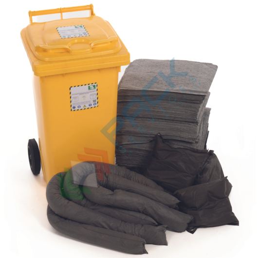 [KIT-UNC360] Kit di pronto intervento universale, carrellato, capacità assorbimento 360 Lt, confezionato in bidone con ruote