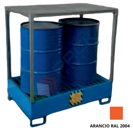 [PACK-TET/2F] Vasca di contenimento liquidi in acciaio con tettoia, volume di raccolta 260 Lt, ideale per 2 fusti, Mis. 1340 L x 850 P x 1600 H mm, colore arancio RAL 2004