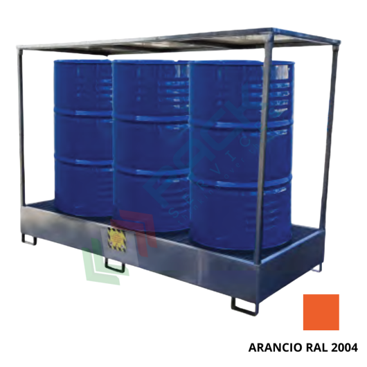 [PACK-TET/3F] Vasca di contenimento liquidi in acciaio con tettoia, volume di raccolta 331 Lt, ideale per 3 fusti, Mis. 1950 L x 850 P x 1600 H mm, colore arancio RAL 2004