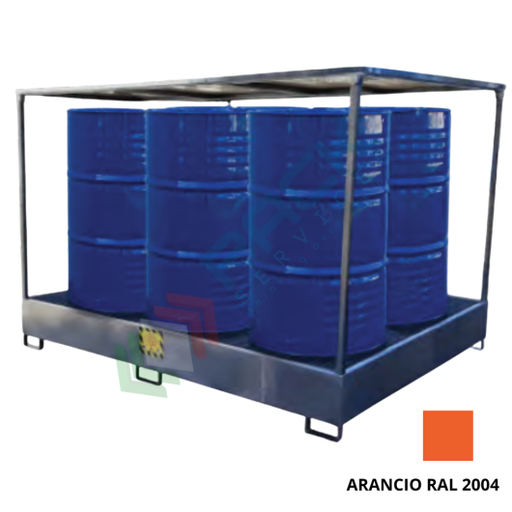 [PACK-TET/6F] Vasca di contenimento liquidi in acciaio con tettoia, volume di raccolta 375 Lt, ideale per 6 fusti, Mis. 2000 L x 1250 P x 1600 H mm, colore arancio RAL 2004