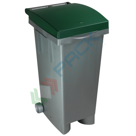 [PR080-GRCVES] Bidone spazzatura per la raccolta differenziata rifiuti, capacità 80 Lt, con ruote e anello fermasacco, chiusura con coperchio a cerniera, colore grigio-verde