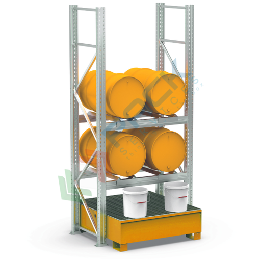 [SMSF-4A] Scaffalatura con vasca di contenimento per lo stoccaggio di 4 fusti olio 200 Lt, versione a 2 ripiani, colore arancio RAL 2004
