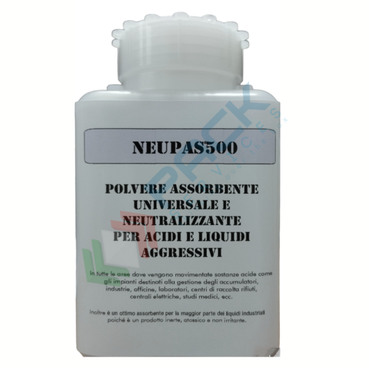 [SOLF-500005] Polvere assorbente neutralizzante per acido solforico, flacone con tappo a vite e sottotappo da 0,5 Kg