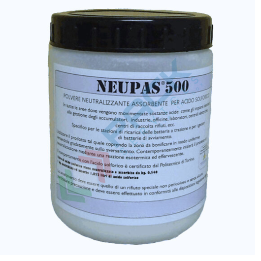 [SOLF-500010] Polvere assorbente neutralizzante per acido solforico, barattolo con tappo a vite e sottotappo da 1 Kg, rapporto Kg/Lt 0,54