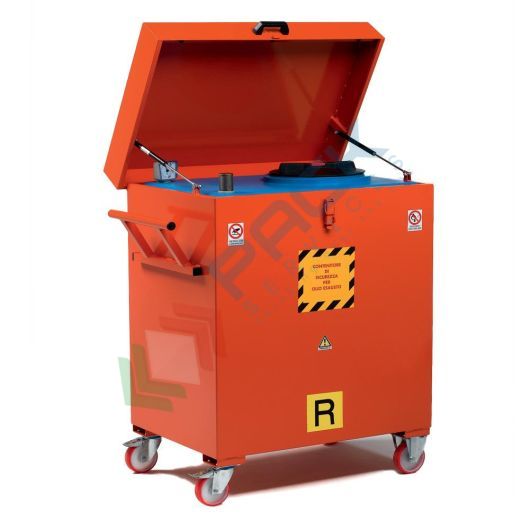 [STO-C4R500] Stazione di stoccaggio per oli esausti, in acciaio, con coperchio, capacità 500 Lt, base di appoggio 4 ruote