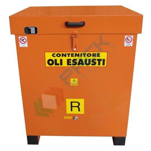 [STO-C0500] Stazione di stoccaggio per oli esausti, in acciaio, con coperchio, capacità 500 Lt, base di appoggio 4 piedi