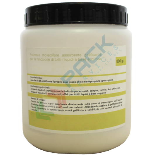 [SUPER-P800] Polimero superassorbente gelificante, barattolo da 800 gr, ideale per la rimozione di tutti i tipi di liquidi a base acquosa