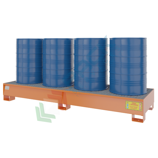[VCL-040-2004] Vasca di contenimento liquidi in acciaio ideale per 4 fusti, volume di raccolta 460 Lt, Mis. 2680 L x 850 P x 330 H mm, colore arancio RAL 2001
