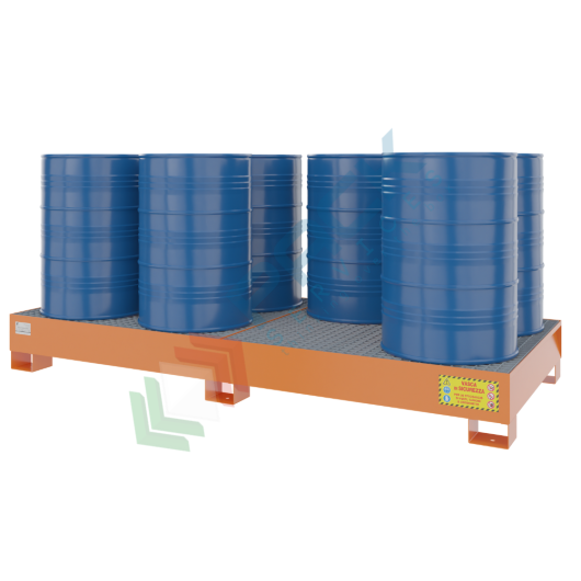 [VCL-115-2004] Vasca di contenimento liquidi in acciaio ideale per 8 fusti, volume di raccolta 570 Lt, Mis. 2680 L x 1250 P x 300 H mm, colore arancio RAL 2001