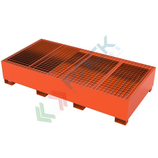 Vasca di contenimento liquidi in acciaio ideale per 2 cisterne IBC, volume di raccolta 1400 Lt, Mis. 2700 L x 1300 P x 500 H mm, colore arancio RAL 2004