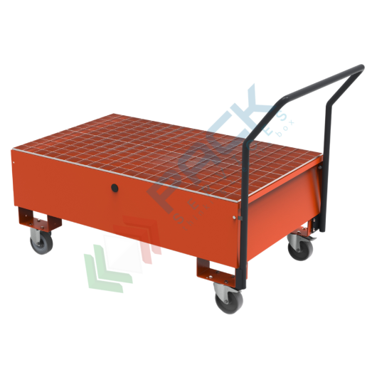 [VCL-CAR020] Vasca di contenimento liquidi carrellata, in acciaio ideale per 2 fusti, volume di raccolta 200 Lt, Mis. 1300 L x 800 P x 392 H mm, colore arancio RAL 2004