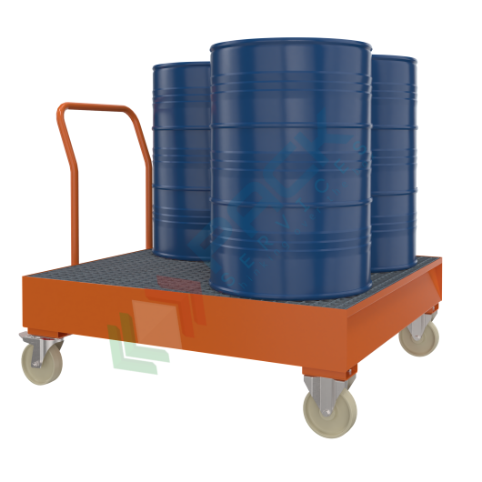 [VCL-CAR030A] Vasca di contenimento liquidi in acciaio, con 4 ruote, ideale per 4 fusti, volume di raccolta 280 Lt, Mis. 1340 L x 1250 P x 440 (con manico 1170) H mm, colore arancio RAL 2001