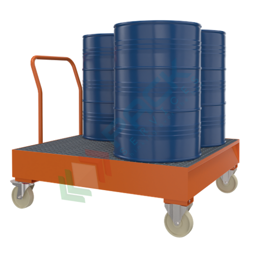 [VCL-CAR030A] Vasca di contenimento liquidi in acciaio, con 4 ruote, ideale per 4 fusti, volume di raccolta 280 Lt, Mis. 1340 L x 1250 P x 440 (con manico 1170) H mm, colore arancio RAL 2001
