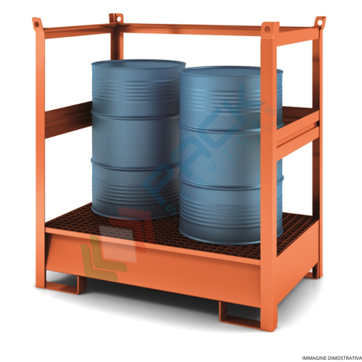 [VCLA-PF2A] Vasca di contenimento liquidi in acciaio, con pareti a fascia, ideale per 2 fusti, volume di raccolta 230 Lt, Mis. 1350 L x 860 P x 1460 H mm, colore arancio RAL 2001