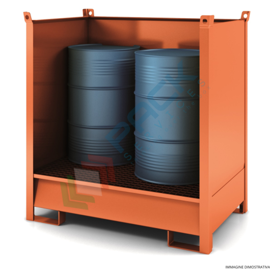 [VCLA-PL2A] Vasca di contenimento liquidi in acciaio, con pareti in lamiera, ideale per 2 fusti, volume di raccolta 230 Lt, Mis. 1350 L x 860 P x 1460 H mm, colore arancio RAL 2001