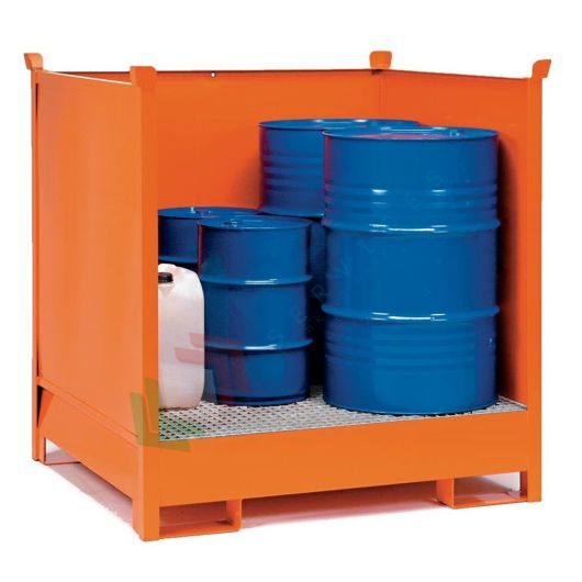 [VCLA-PL4A] Vasca di contenimento liquidi in acciaio, con pareti in lamiera, ideale per 4 fusti, volume di raccolta 271 Lt, Mis. 1340 L x 1250 P x 1300 H mm, colore arancio RAL 2004
