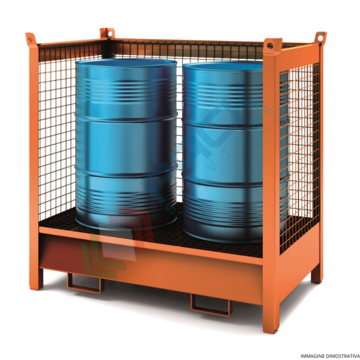 [VCLA-PR2A] Vasca di contenimento liquidi in acciaio, con pareti in rete, ideale per 2 fusti, volume di raccolta 230 Lt, Mis. 1350 L x 860 P x 1460 H mm, colore arancio RAL 2001