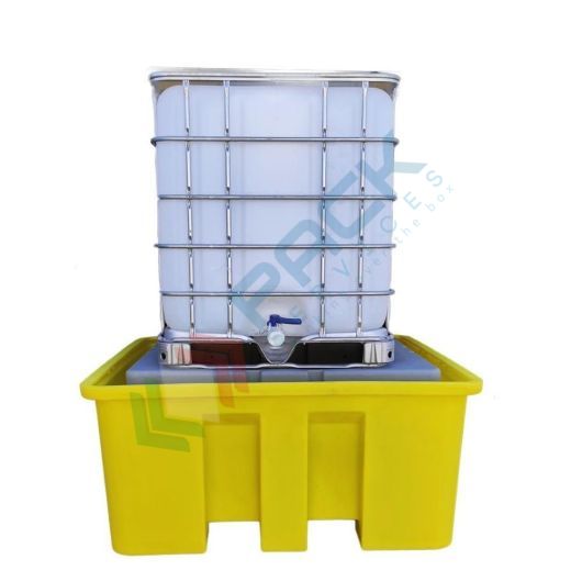 [VCLC-IBC/UP] Vasca di contenimento liquidi in polietilene (PE) con supporto, ideale per 1 cisterna IBC, volume di raccolta 1350 Lt, Mis. 1600 L x 1550 P x 740 H mm, colore giallo
