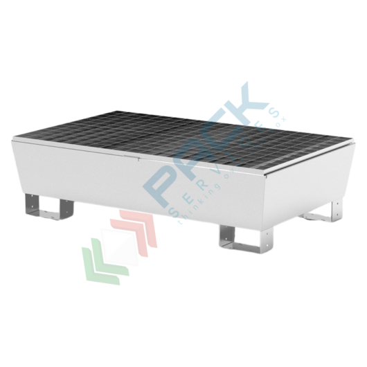 Vasca di contenimento liquidi in acciaio zincato, conica ed inseribile, ideale per 2 fusti, volume di raccolta 220 Lt, Mis. 1300 L x 800 P x 340 H mm