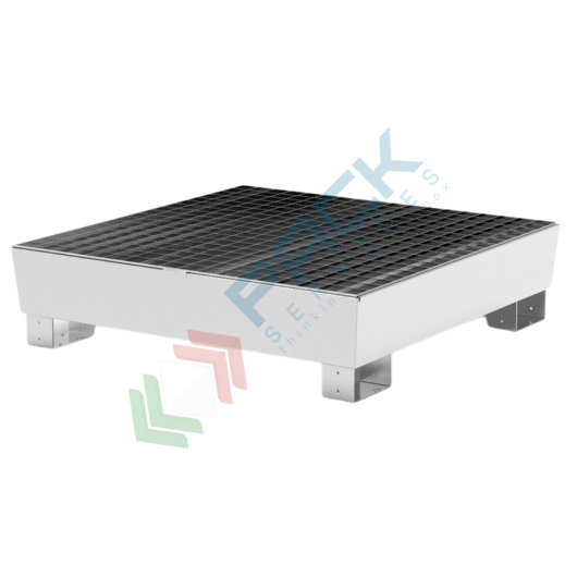 Vasca di contenimento liquidi in acciaio zincato, conica ed inseribile, ideale per 4 fusti, volume di raccolta 270 Lt, Mis. 1200 L x 1200 P x 300 H mm