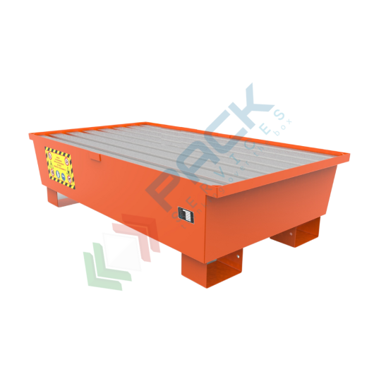 [VCLF-M2A] Vasca di contenimento conica in acciaio ideale per 2 fusti 200 Lt, volume di raccolta 230 Lt, Mis. 1350 L x 780 P x 370 H mm, colore arancio RAL 2004