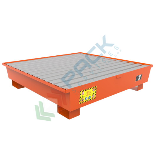 [VCLF-M4A] Vasca di contenimento conica in acciaio ideale per 4 fusti 200 Lt, volume di raccolta 330 Lt, Mis. 1350 L x 1325 P x 310 H mm, colore arancio RAL 2004