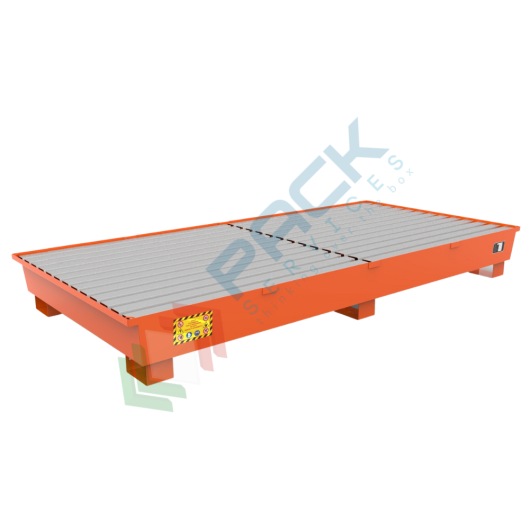 Vasca di contenimento conica in acciaio ideale per 8 fusti 200 Lt, volume di raccolta 650 Lt, Mis. 2670 L x 1325 P x 310 H mm, colore arancio RAL 2004