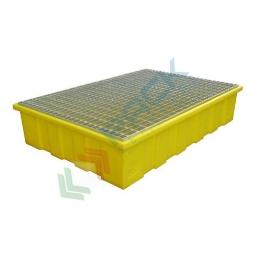 [VCLF220A] Vasca di contenimento liquidi in plastica (PE) con griglia in acciaio zincato, ideale per 2 fusti , volume di raccolta 220 Lt, Mis. 1230 L x 830 P x 300 H mm, colore giallo