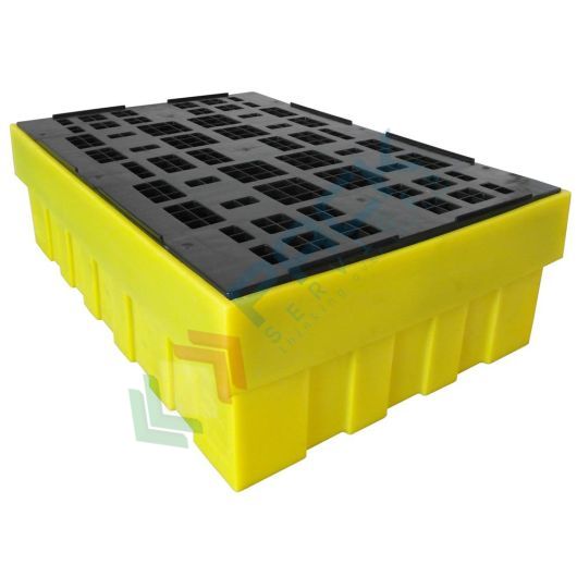 [VCLF280B] Vasca di contenimento liquidi in plastica (PE) con griglia, ideale per 1 fusto 200 Lt, volume di raccolta 280 Lt, Mis. 1230 L x 830 P x 380 H mm, colore giallo