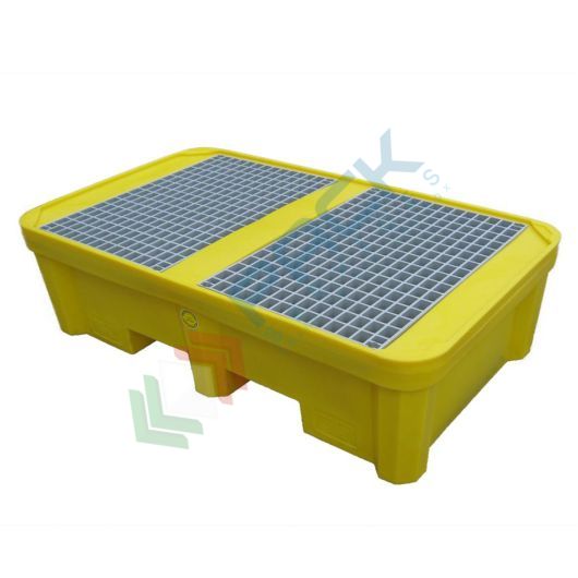 Vasca di contenimento liquidi in plastica (PE) con 2 griglie, ideale per 2 fusti , volume di raccolta 305 Lt, Mis. 1350 L x 800 P x 420 H mm, colore giallo