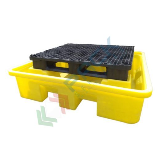 [VCLF470B] Vasca di contenimento liquidi in plastica (PE) con pallet d'appoggio, ideale per 4 fusti, volume di raccolta 470 Lt, Mis. 1550 L x 1600 P x 360 H mm, colore giallo