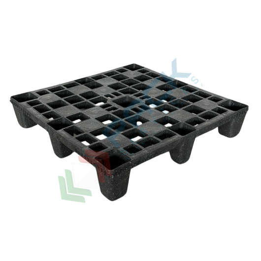 [LP77] Pallet in plastica riciclata (PP), Mis. 750 L x 750 P x 140 H mm, con 9 piedi, piano forato, portata statica 600 Kg, portata dinamica 300 Kg