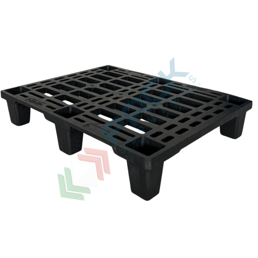 [LP86-N] Pallet in plastica riciclata (PP), Mis. 600 L x 800 P x 140 H mm, con 6 piedi, piano forato, portata statica 600 Kg, portata dinamica 250 Kg