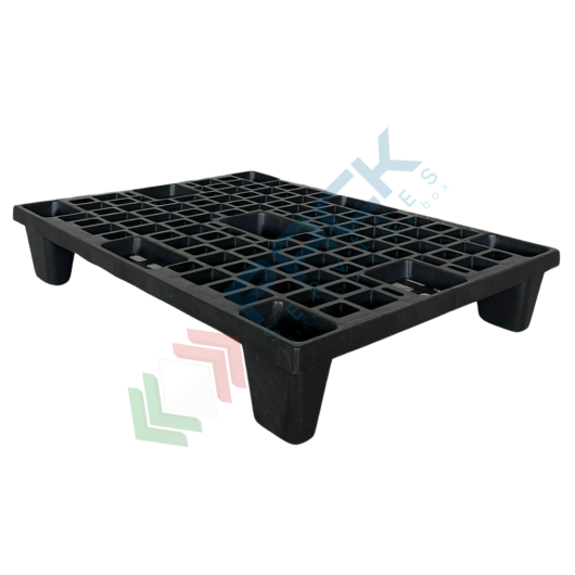 [LP86] Pallet in plastica riciclata (PP), Mis. 600 L x 800 P x 140 H mm, con 5 piedi, piano forato, portata statica 1100 Kg, portata dinamica 500 Kg