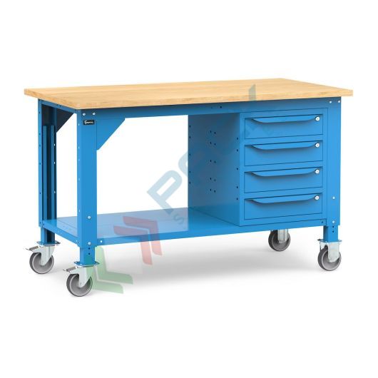 Banco da lavoro con ruote, piano in legno e 4 cassetti, gambe regolabili in altezza, Mis. 1500 L x 750 P x 887/1262 H mm, colore blu
