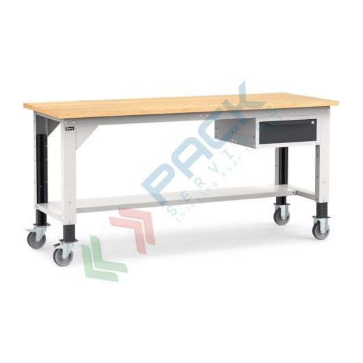 Banco da lavoro con ruote, piano in legno e 1 cassetto, gambe regolabili in altezza, Mis. 2000 L x 750 P x 887/1262 H mm, colore grigio