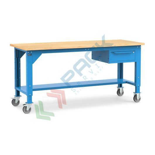 Banco da lavoro con ruote, piano in legno e 1 cassetto, gambe regolabili in altezza, Mis. 2000 L x 750 P x 887/1262 H mm, colore blu