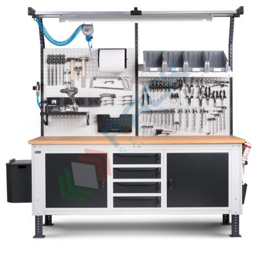 Banco da lavoro piano in legno con gambe regolabili, multiaccessoriato, Mis. 2000 L x 750 P x 740/1100 H mm, colore antracite/grigio chiaro