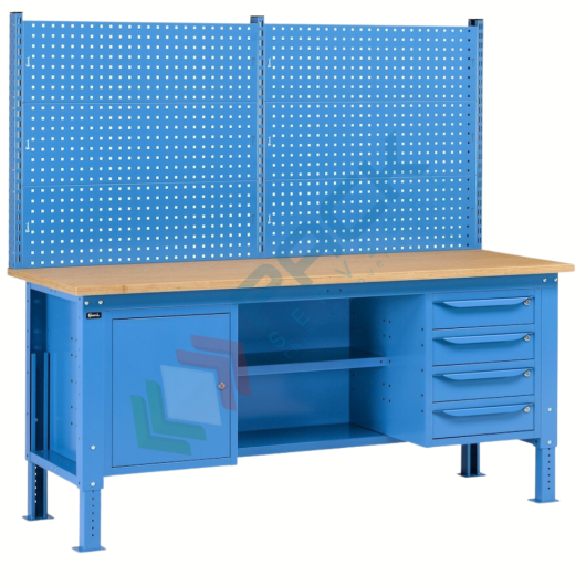 Banco da lavoro piano in legno con gambe regolabili, parete attrezzata, 4 cassetti e 1 con porta e semipiano, Mis. 2000 L x 750 P x 740/1100 H mm, colore blu