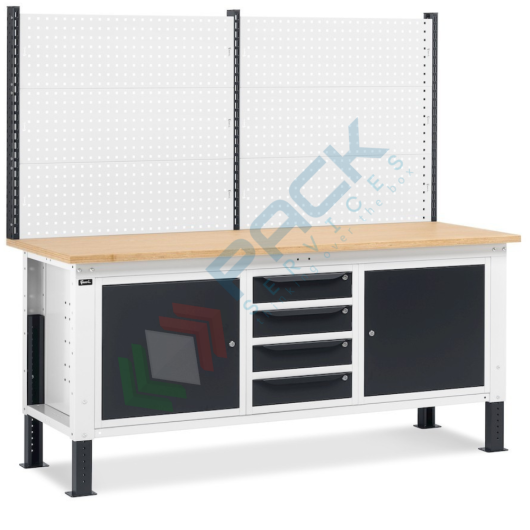 [BWUP-M2026] Banco da lavoro piano in legno con gambe regolabili, parete attrezzata, 4 cassetti e 2 con porta, Mis. 2000 L x 750 P x 740/1100 H mm, colore antracite/grigio chiaro