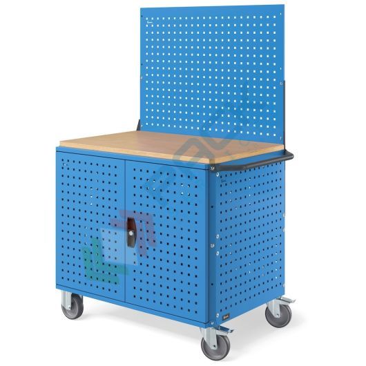 Carrello da officina in lamiera, Mis. 1030 L x 658 P x 1538 H mm, 3 ripiani (1 in legno), pannelli forati, parete forata, due porte con serratura, colore blu RAL 5012