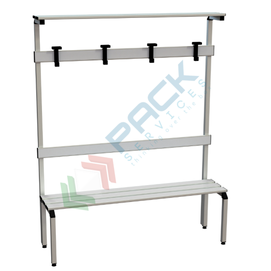 Panchina per spogliatoio con alzata e doghe in alluminio, 4 posti, Mis. 1500 L x 410 P x 1870 H mm