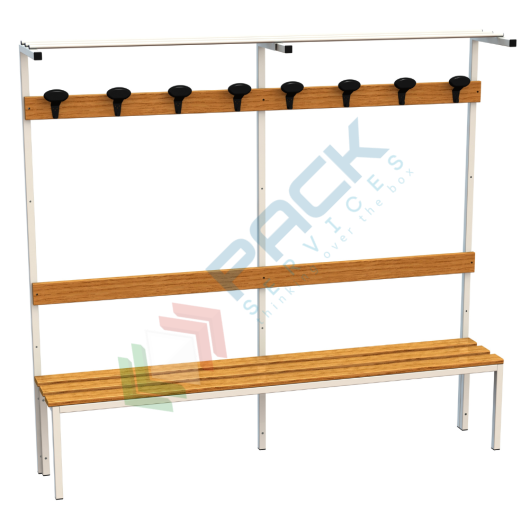 Panchina per spogliatoio con alzata e doghe in legno, 6 posti, Mis. 2000 L x 390 P x 1840 H mm