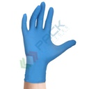 Guanti monouso in nitrile senza polvere, con superficie micro ruvida, lunghezza 24 cm, peso 3,5 gr, AQL 0,65, spessore al palmo 0,08 mm, certificati 374-5 + 374-1, colore azzurro, tg. XS, conf. 100 pz