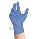 Guanti monouso in nitrile senza polvere, con superficie micro ruvida, lunghezza 24 cm, peso 6,8 gr, AQL 1,0, spessore al palmo 0,13 mm, certificati 374-5 + 374-1, colore azzurro, tg. S, conf. 100 pz