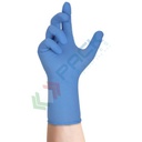 Guanti monouso in nitrile senza polvere, con superficie micro ruvida, lunghezza 30 cm, peso 6,2 gr, AQL 0,65, spessore al palmo 0,10 mm, certificati 374-5 + 374-1, colore azzurro, tg. L, conf. 100 pz