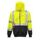 Felpa alta visibilità con cappuccio, 65% poliestere + 35% cotone, 300 gr, chiusura con zip, omologata EN ISO 20471, colore giallo + nero