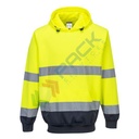 Felpa alta visibilità girocollo con cappuccio, 65% poliestere + 35% cotone, 300 gr, senza zip, omologata EN ISO 20471, colore giallo + blu navy