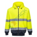Felpa alta visibilità con cappuccio, 65% poliestere + 35% cotone, 300 gr, chiusura con zip, omologata EN ISO 20471, colore giallo + blu navy