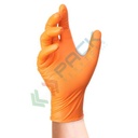 Guanti monouso in nitrile senza polvere, con superficie diamantata, lunghezza 24 cm, peso 8,3 gr, AQL 1,5, spessore al palmo 0,16 mm, certificati 374-5 + 374-1, colore arancione, tg. L, conf. 50 pz